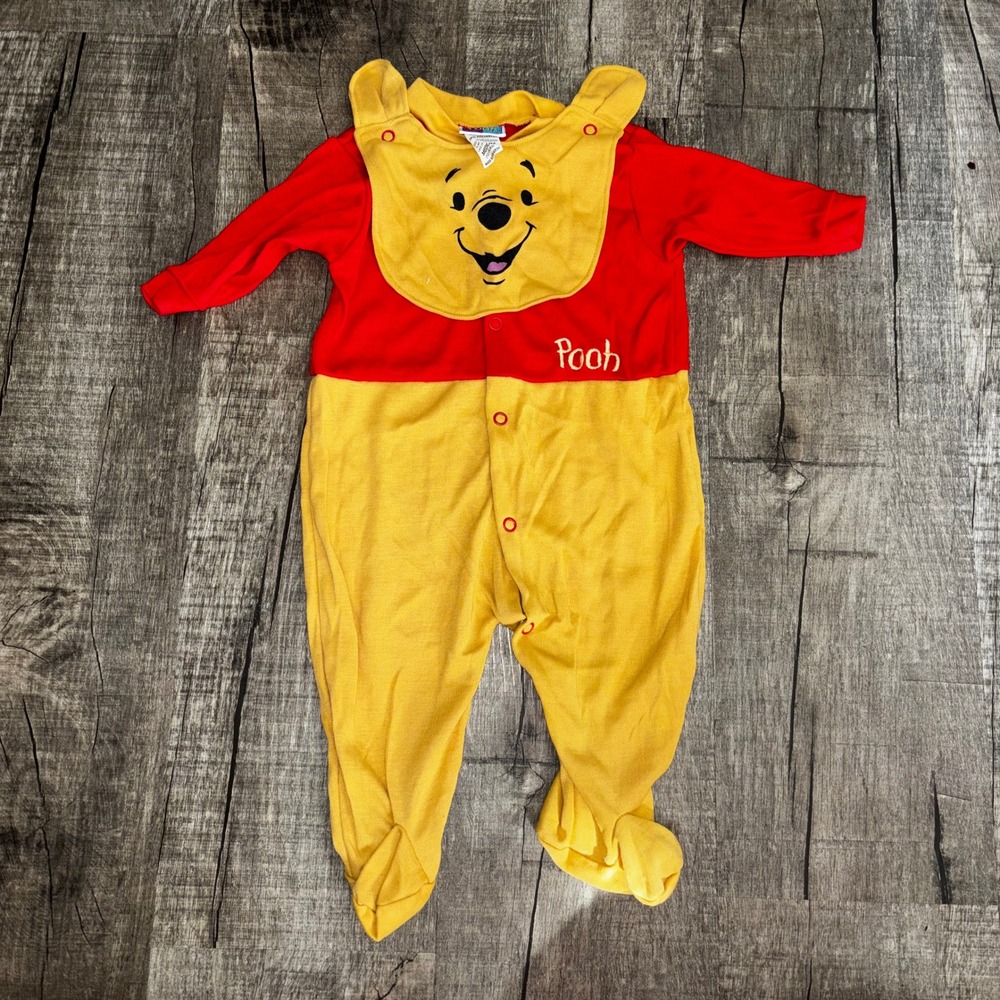 Vintage Disney Winnie the Pooh Baby Footed Sleeper Red Yellow‎ Snap Romper